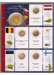 2012 3 Fogli e tasche con alloggiamenti per 2 Euro Commemorativi Decennale Euro