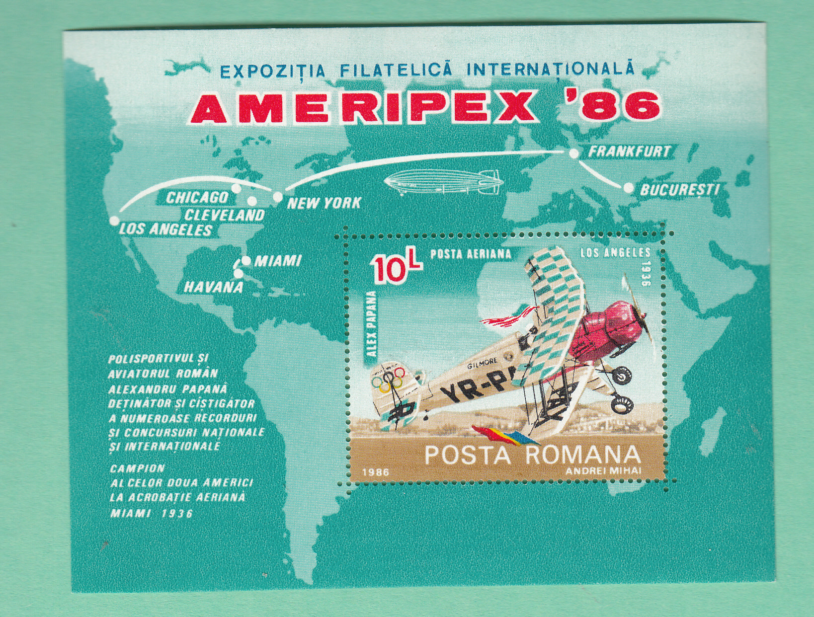 1986 ROMANIA Foglietto Ameripex '86 Aerei