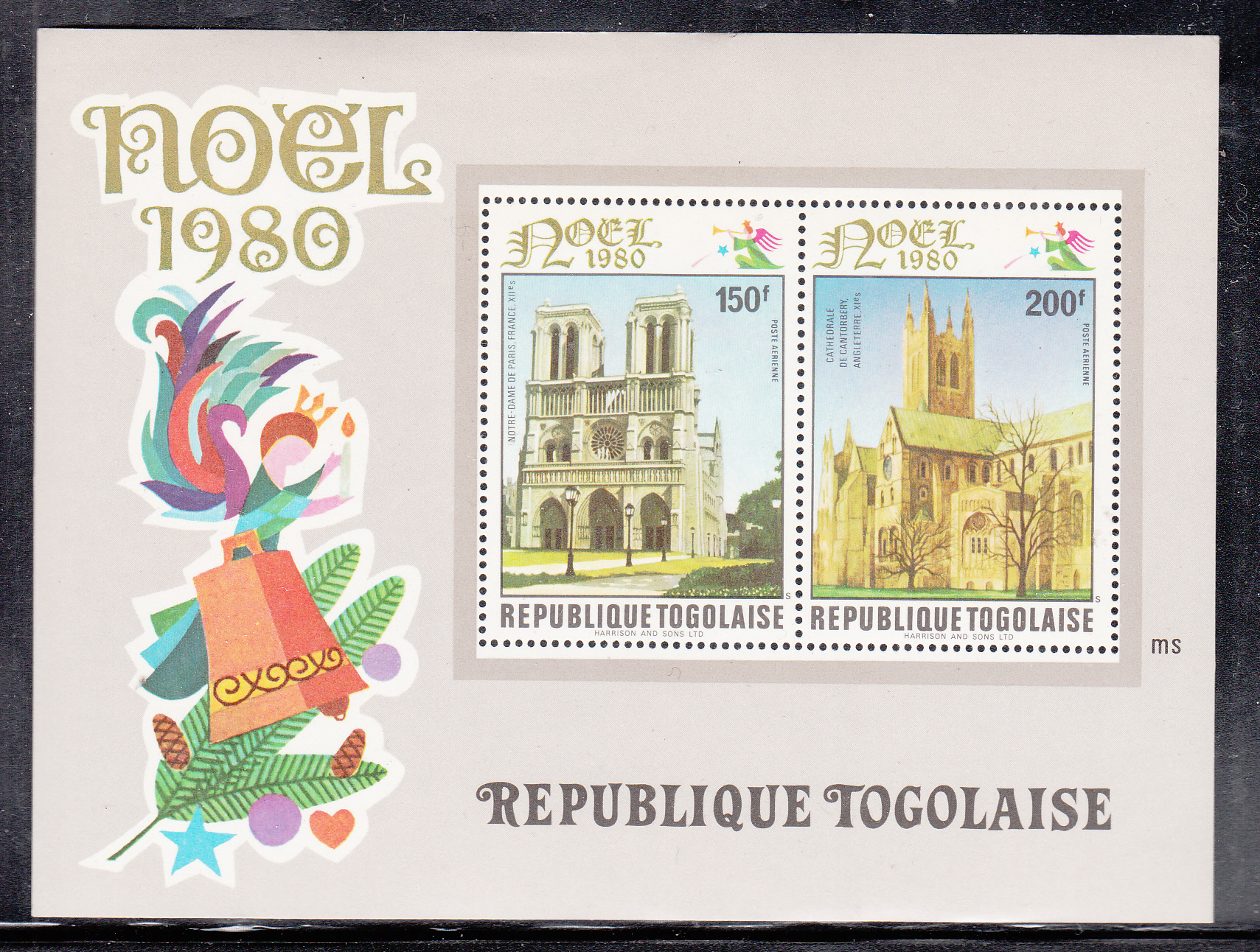 TOGO 1980 Natale 2 val.  BF Notre Dame Paris e Canterbury