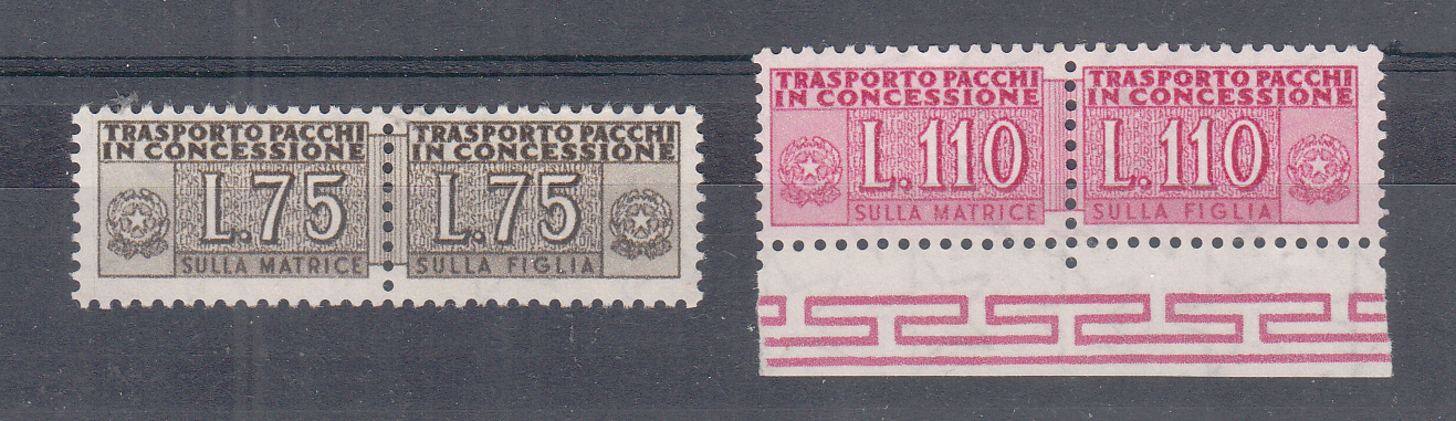 1955/61 Pacchi in Concessione Stella Alti Valori L. 75 e L. 110 con un particolarissimo bordo di foglio e Certificato