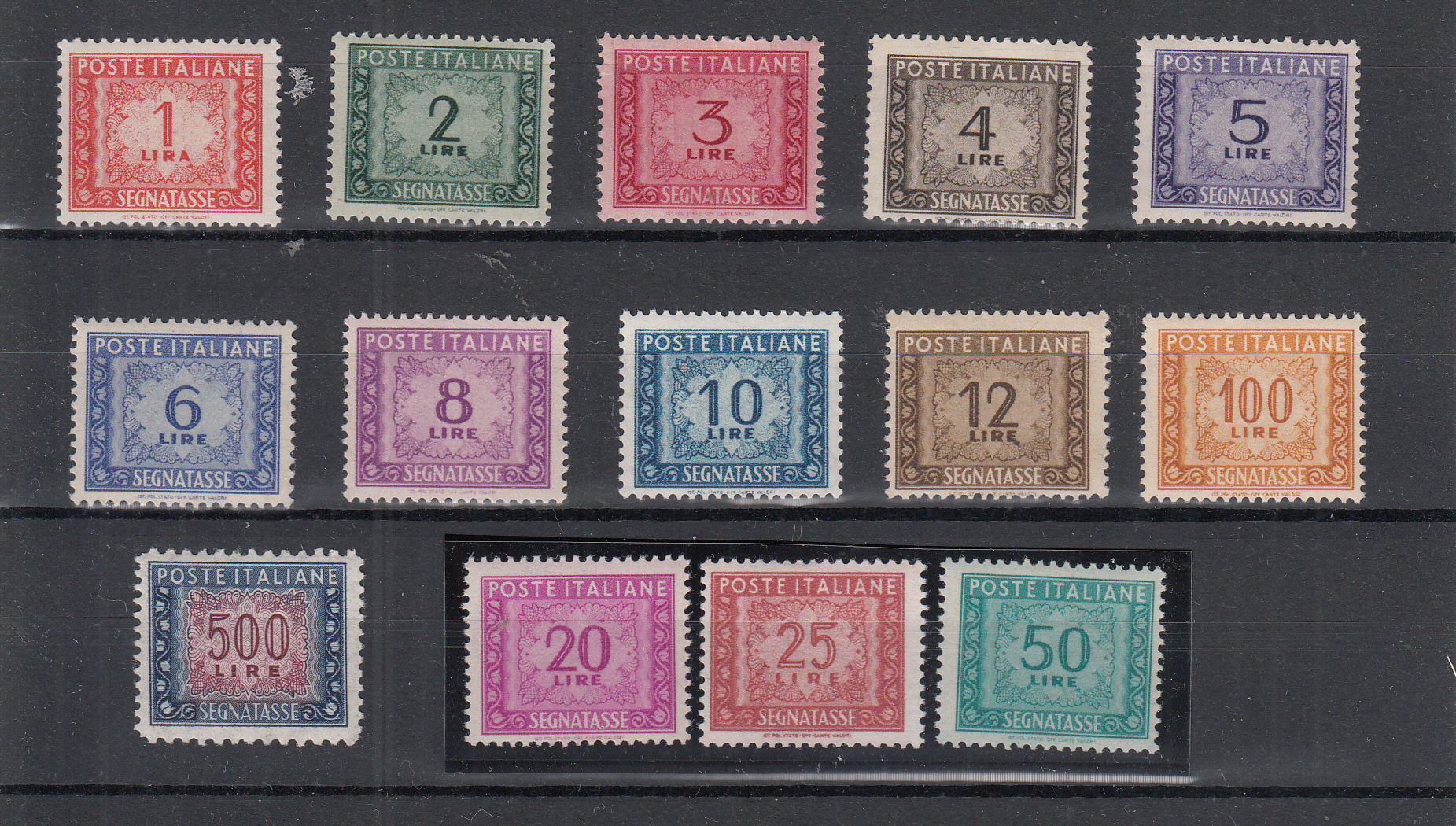 Italia 1947-54 Segnatasse ruota n.97-110 serie 14 val. nuova MNH** integra + Certificato