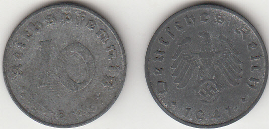 1941 10 Pfennig Svastica Zecca B BB+