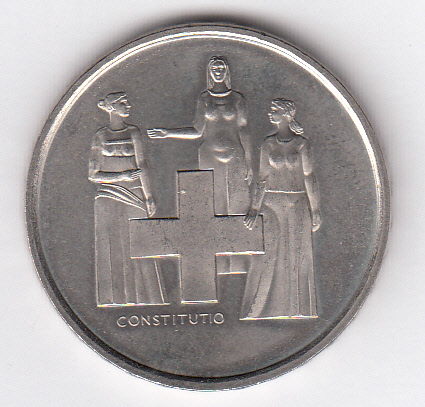 Svizzera. 5 FRANCHI Commemorativi 1974 Costituzione Rame-nickel