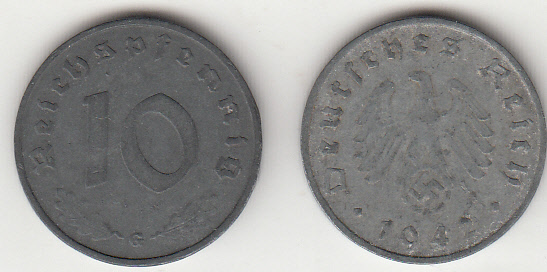 1942 10 Pfennig Svastica Zecca G BB+