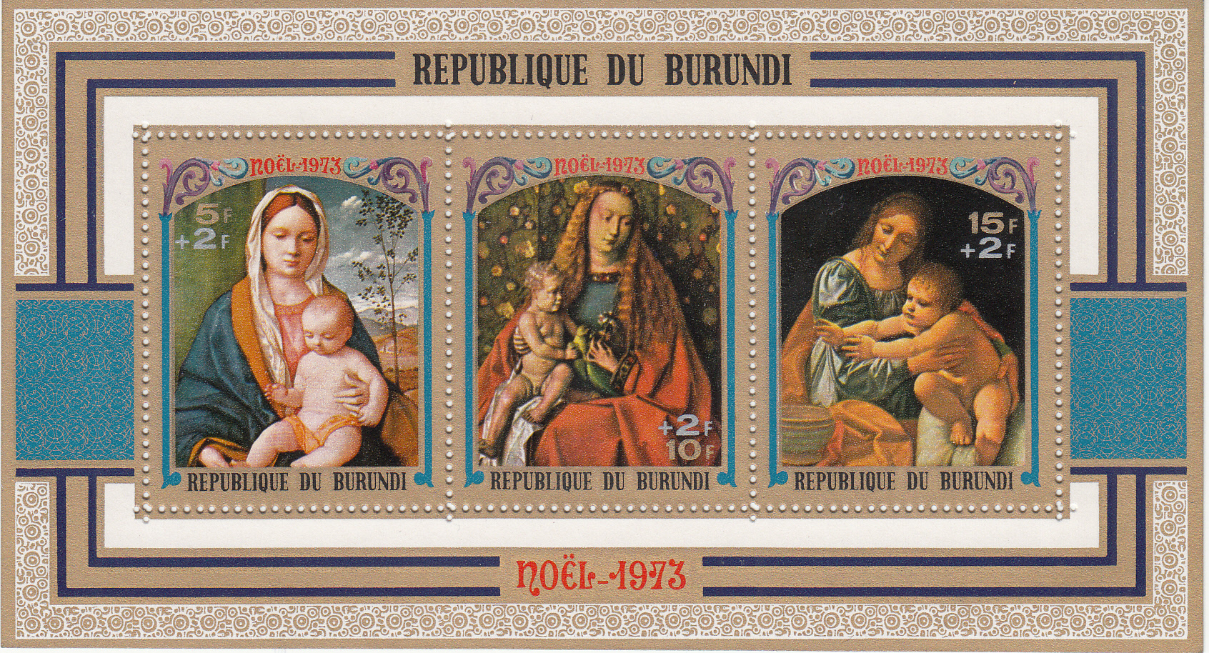 BURUNDI  BF 1973 Natale 3 Val. Pitture Religiose Vergine con Sovraprezzo