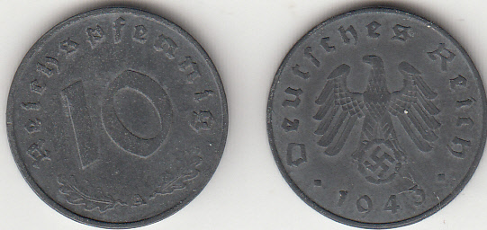 1943 10 Pfennig Svastica Zecca A BB+