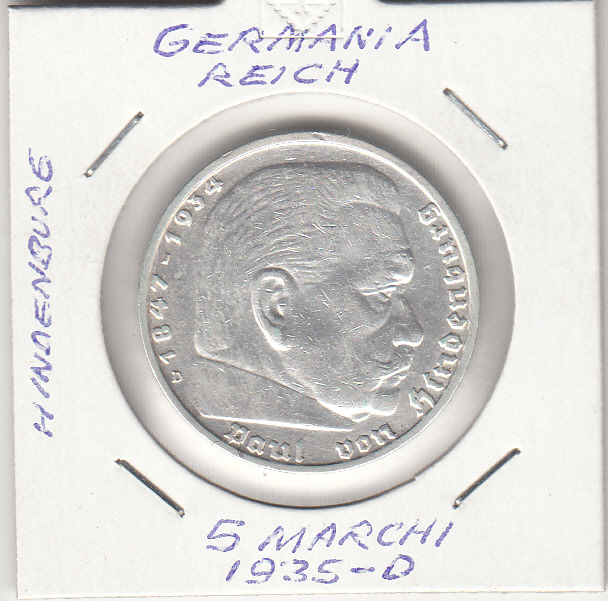 1935 - 5 Marchi argento Paul von Hindenburg  Zecca D