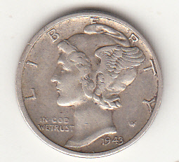 1943 - 10 Cents (Dime) Argento Dollaro Stati Uniti Mercury Dime BB+