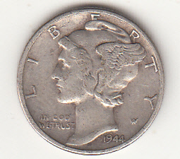 1944 - 10 Cents (Dime) Argento Dollaro Stati Uniti Mercury Dime BB+