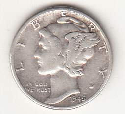 1945 - 10 Cents (Dime) Argento Dollaro Stati Uniti Mercury Dime BB+