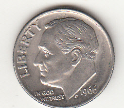 1966 - 10 Cents (Dime) Rame-nickel Dollaro Stati Uniti Roosevelt  Dime FDC