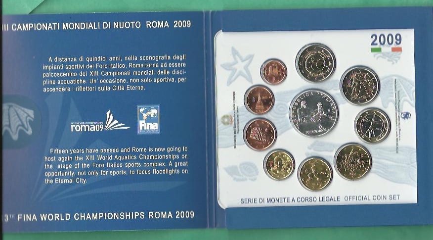 2009 - Divisionale I.P.Z.S. 10 Valori Italia Con Moneta Argento 5 € Mondiali Nuoto