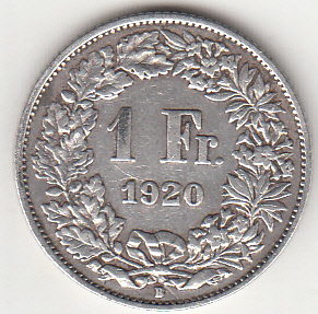 1920 - SVIZZERA 1 Franc  Argento Standing Helvetia Spl