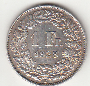 1928 - SVIZZERA 1 Franc  Argento Standing Helvetia Spl