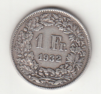 1932 - SVIZZERA 1 Franc  Argento Standing Helvetia BB+