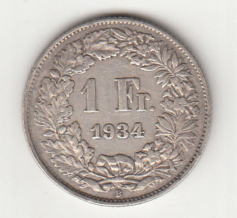 1934 - SVIZZERA 1 Franc  Argento Standing Helvetia BB+