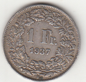 1937 - SVIZZERA 1 Franc  Argento Standing Helvetia BB+