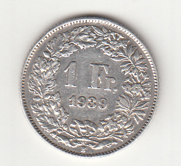 1939 - SVIZZERA 1 Franc  Argento Standing Helvetia Spl