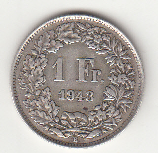 1943 - SVIZZERA 1 Franc  Argento Standing Helvetia BB+