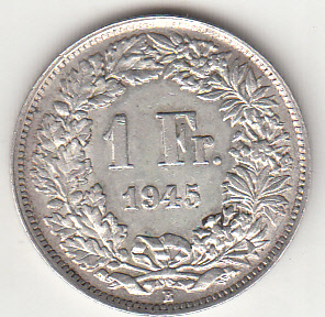 1945 - SVIZZERA 1 Franc  Argento Standing Helvetia Spl+