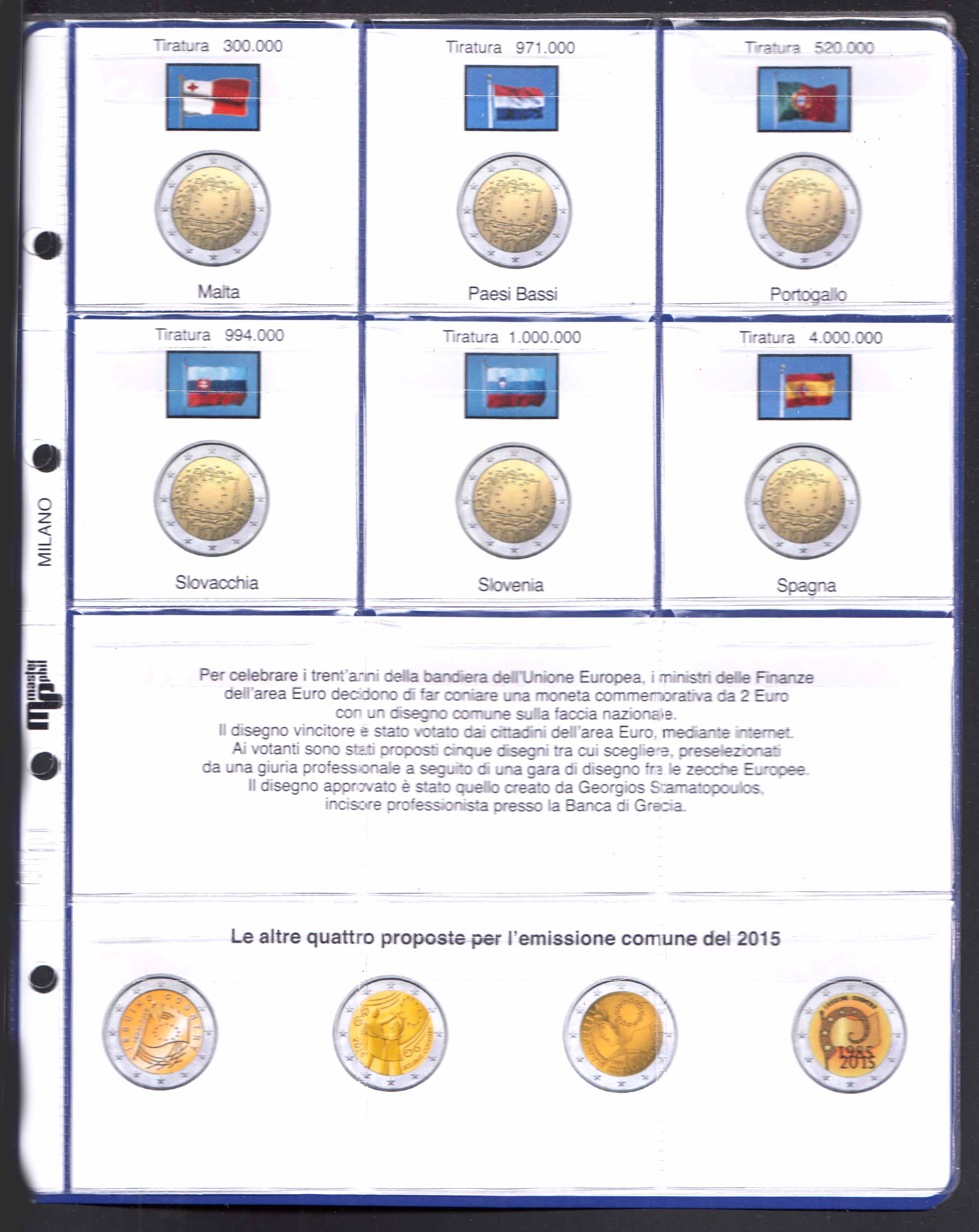 2015 Master Phil 3 Fogli + tasche per i 2 euro commemorativi Bandiera Europea