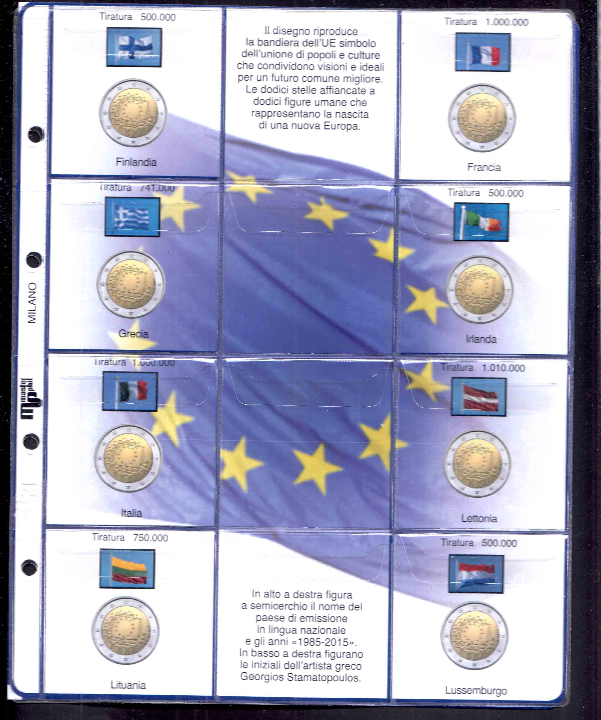 2015 Master Phil 3 Fogli + tasche per i 2 euro commemorativi Bandiera Europea