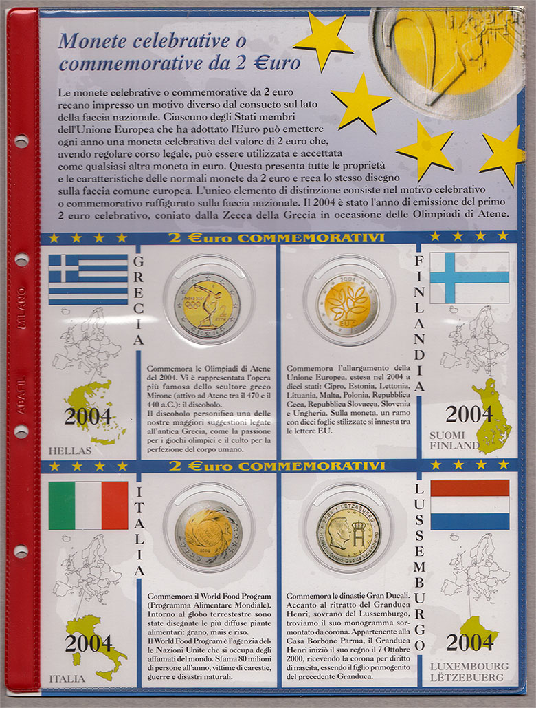 2004 Foglio e tasche con alloggiamenti per 2 euro Commemorativi