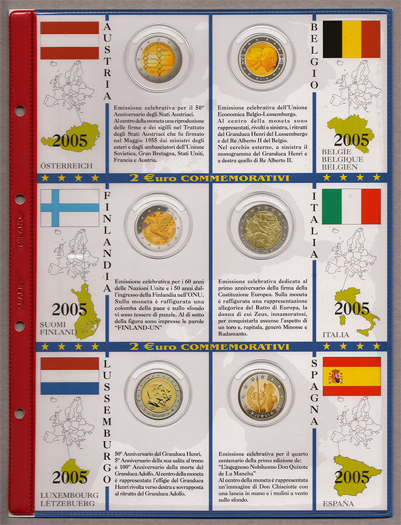 2005 Foglio e tasche con alloggiamenti per 2 Euro Commemorativi