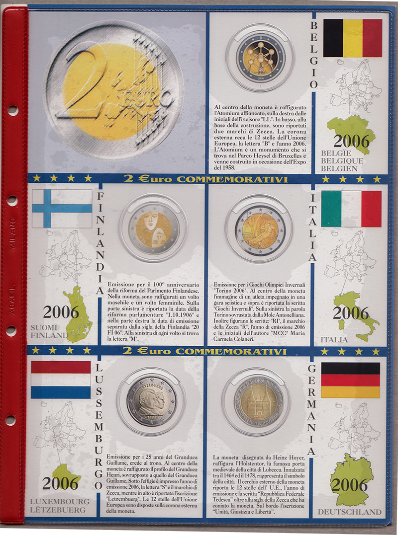 2006 Foglio e tasche con alloggiamenti per 2 Euro Commemorativi