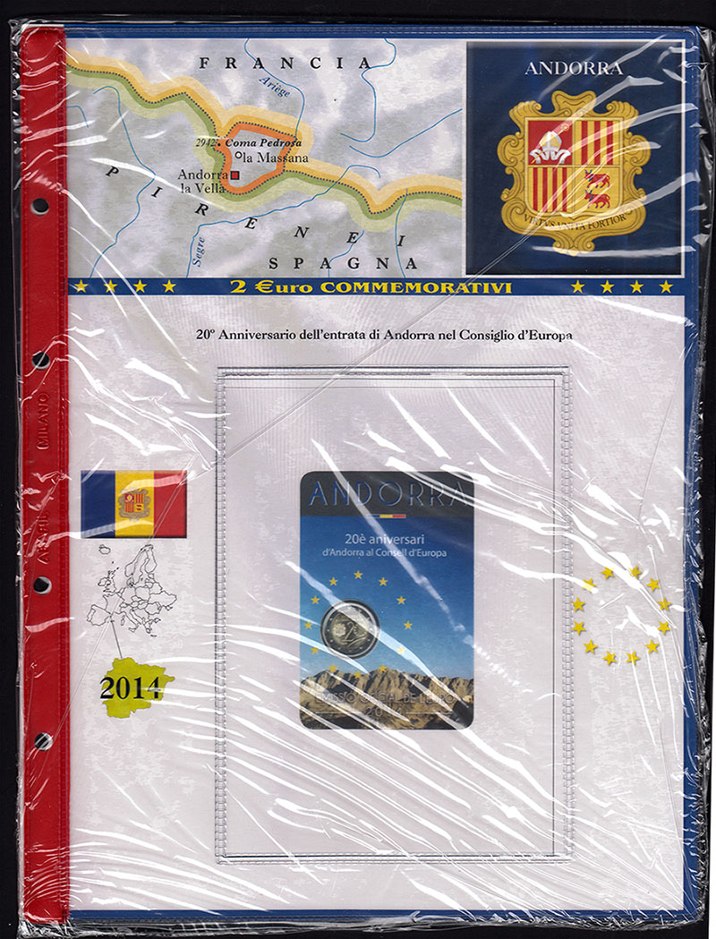 2014  Foglio con Tasca 2 Euro ANDORRA Folder 20º Consiglio d'Europa