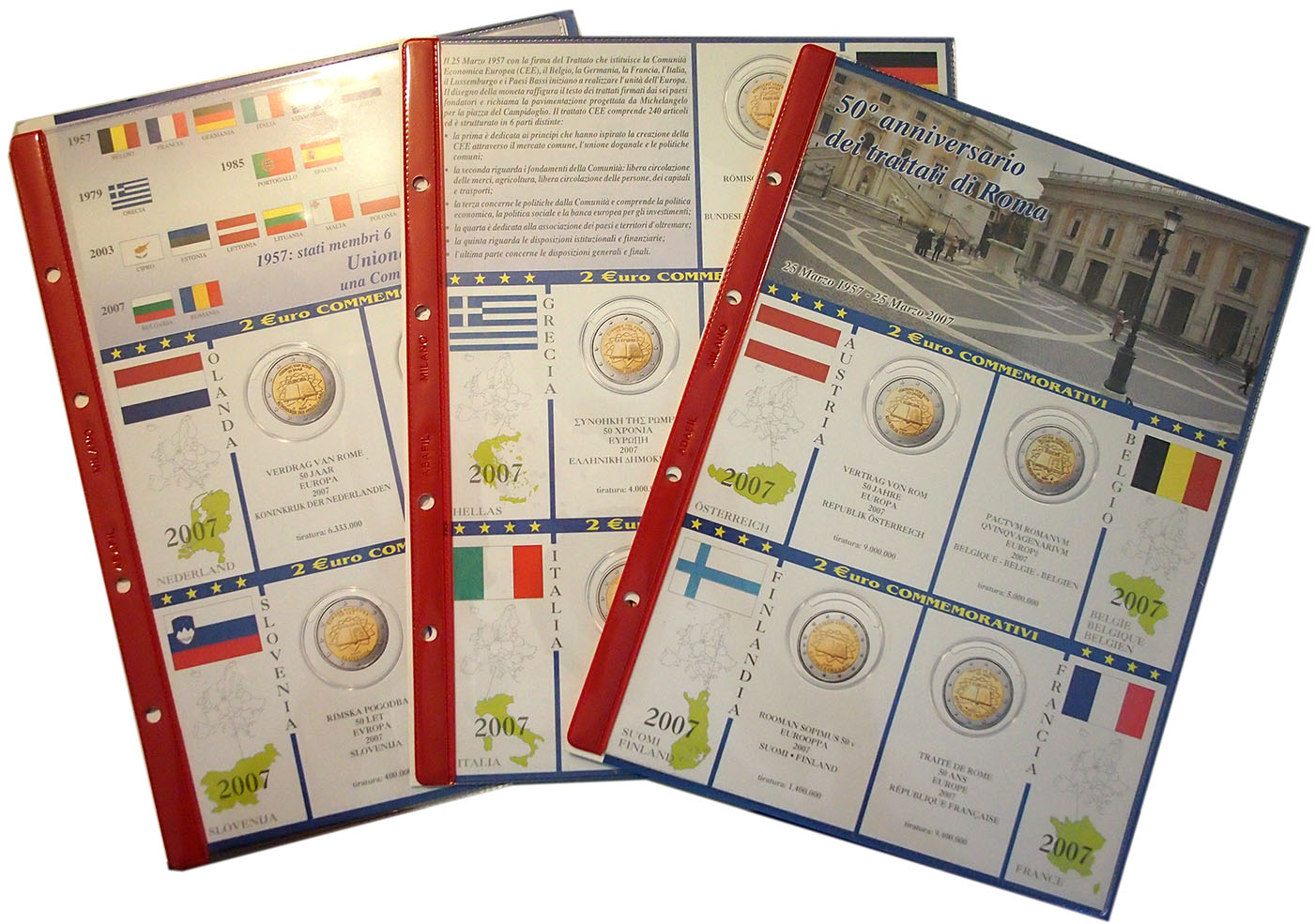 2007 3 Fogli e tasche con alloggiamenti per 2 Euro Commemorativi Trattati Roma