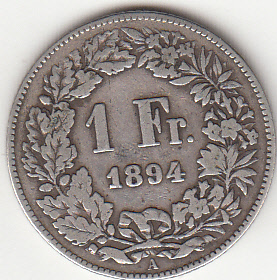 1894 - 1 Franc Argento Switzerland Standing Helvetia