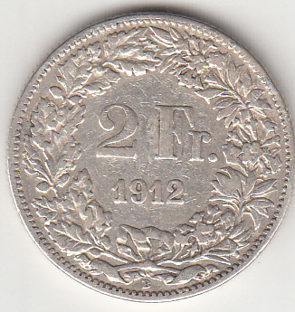 1912 - Svizzera Argento 2 Francs Silver Switzerland Standing Helvetia