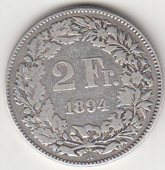 1894 - Svizzera Argento 2 Francs Silver Switzerland Standing Helvetia