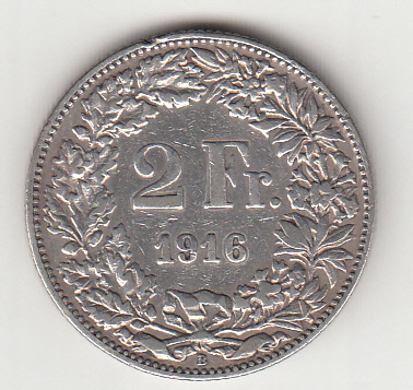 1916 - Svizzera Argento 2 Francs Silver Switzerland Standing Helvetia