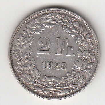 1928 - Svizzera Argento 2 Francs Silver Switzerland Standing Helvetia