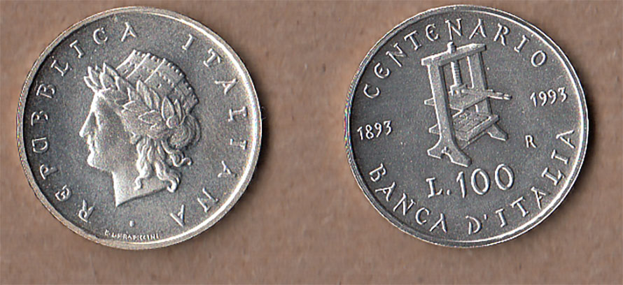 1993 - Lire 100 Argento Centenario della Banca D' Italia