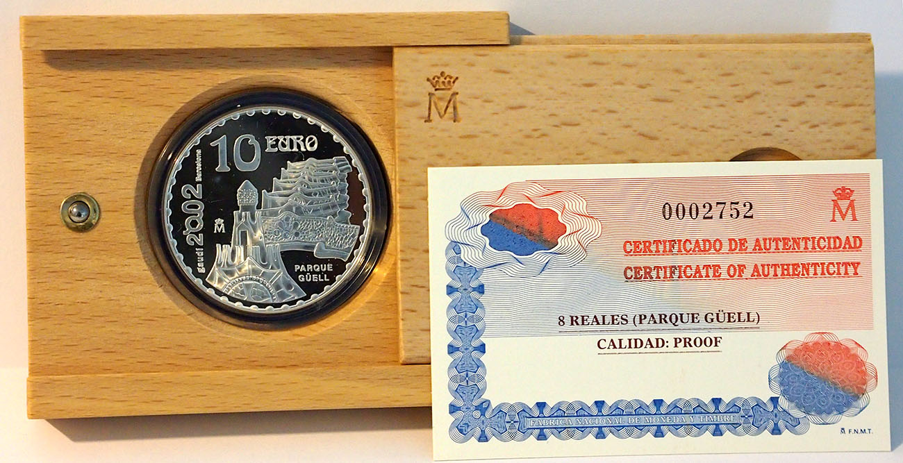 2002 - Spagna 10 Euro Argento fondo specchio Proof Parque Guell Gaudì