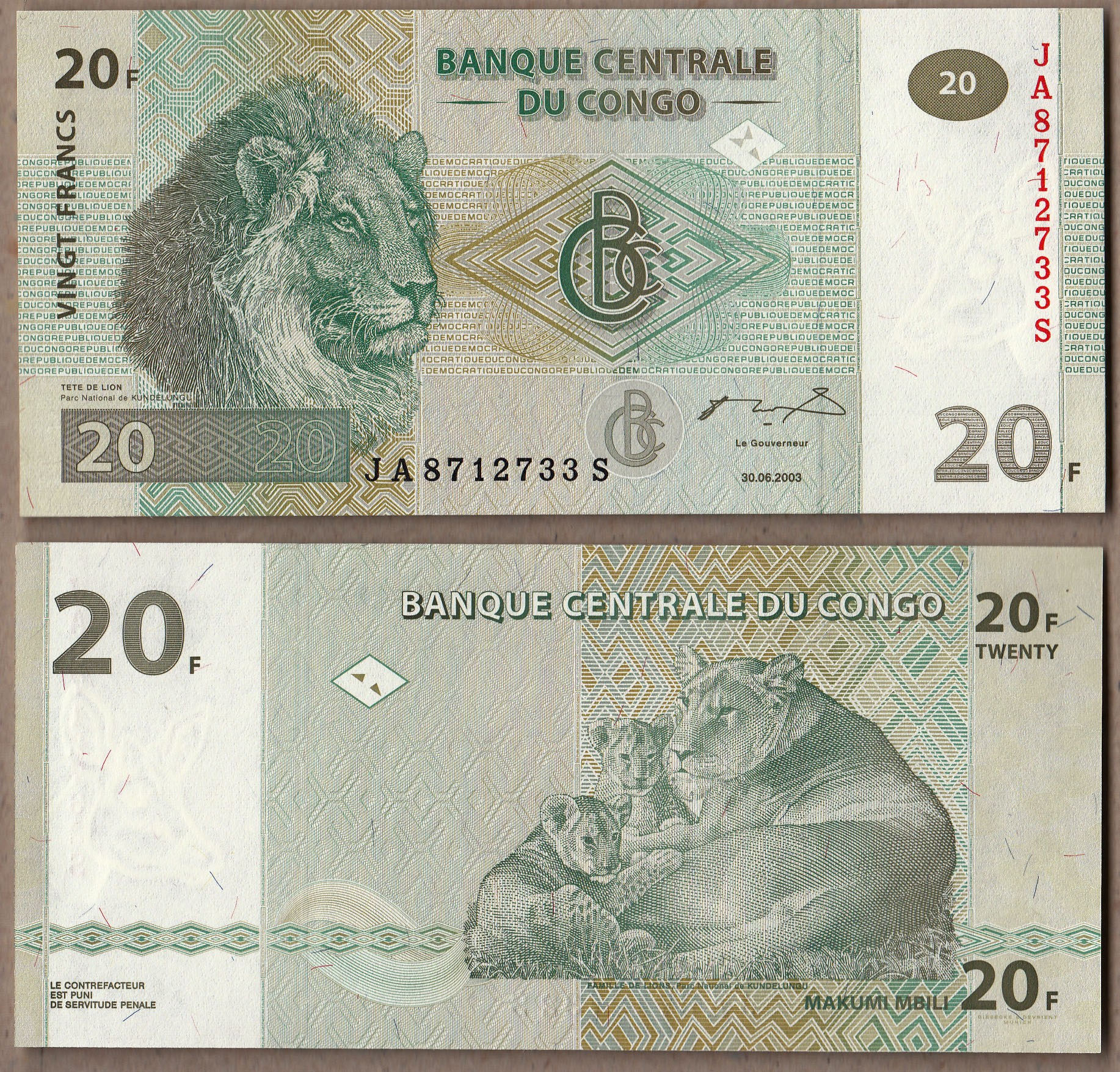 CONGO 20 Francs 2003 Fior di Stampa