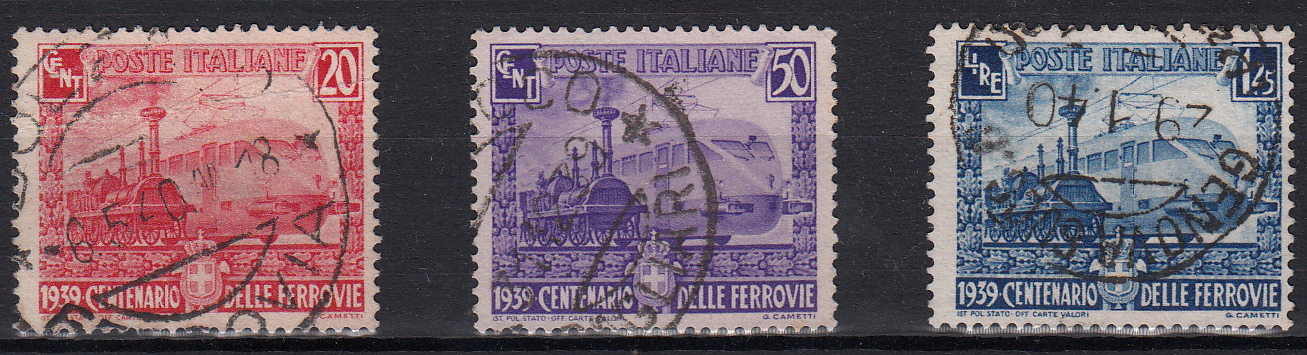 1939 Centenario delle Ferrovie Italiane 3 Valori Serie Usata Sassone 449-51