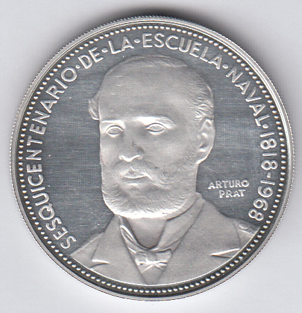 5 PESOS CILE 1968 ARGENTO PROOF 150° Ann. della Scuola Navale 1818-1968  Arturo Prat