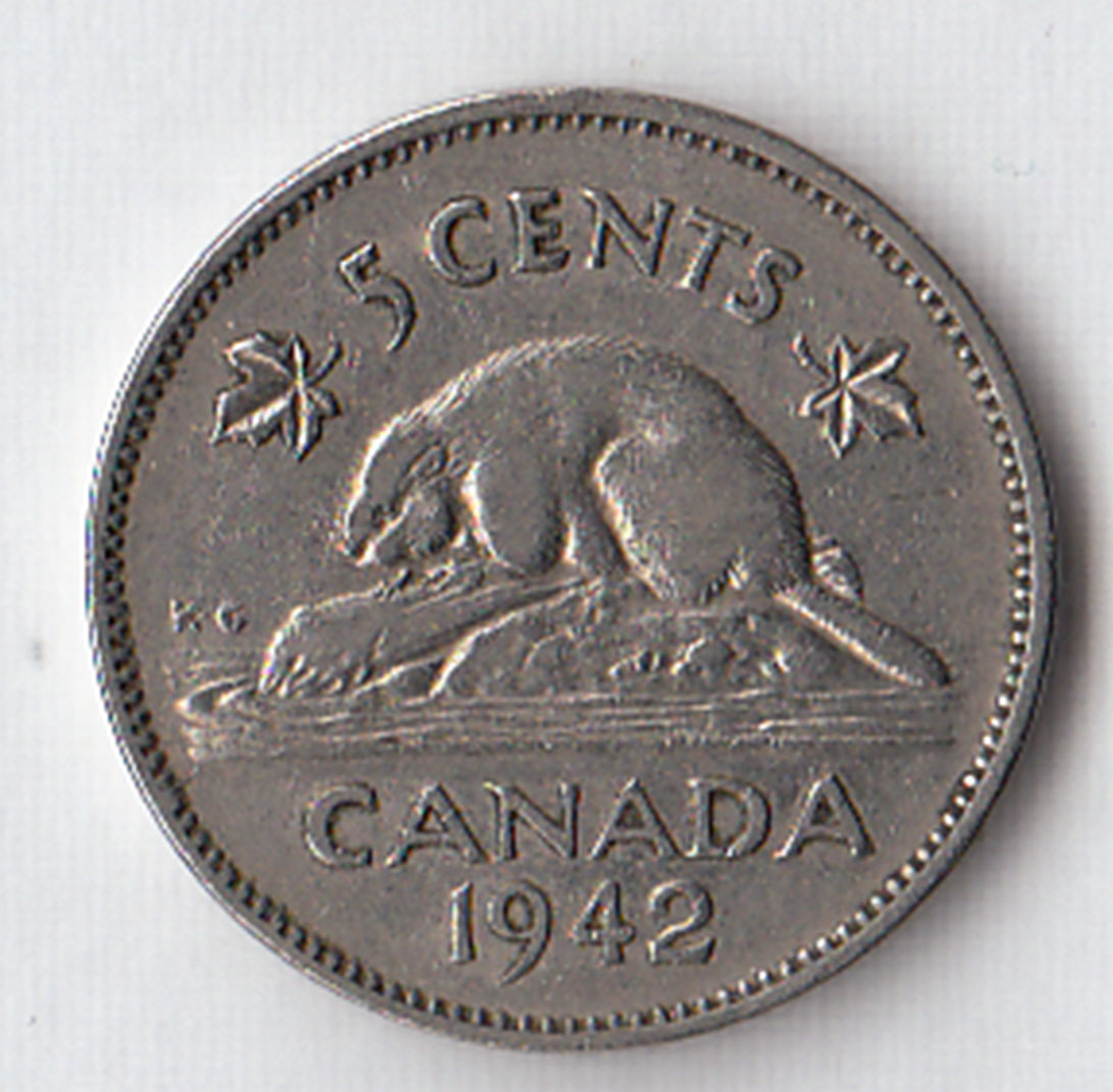 1942 - CANADA 5 Cents Nickel Castoro circolato