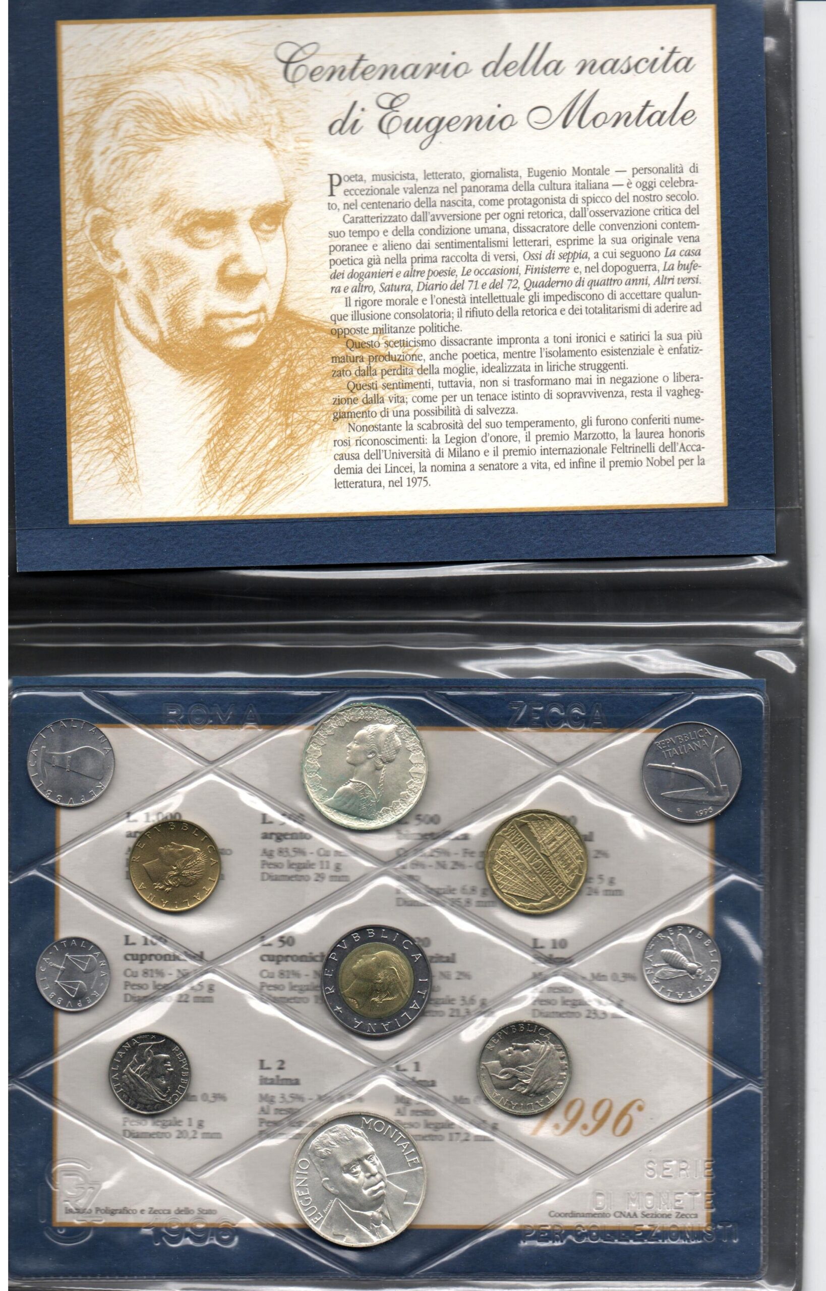 1996 - Confezione Zecca Italia - Con Argento caravella e Lire 1.000  Eugenio Montale