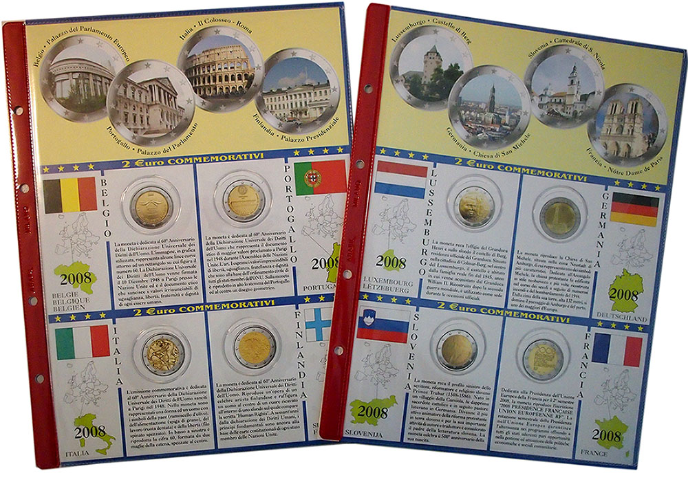 2008 2 Fogli e tasche con alloggiamenti per 2 Euro Commemorativi
