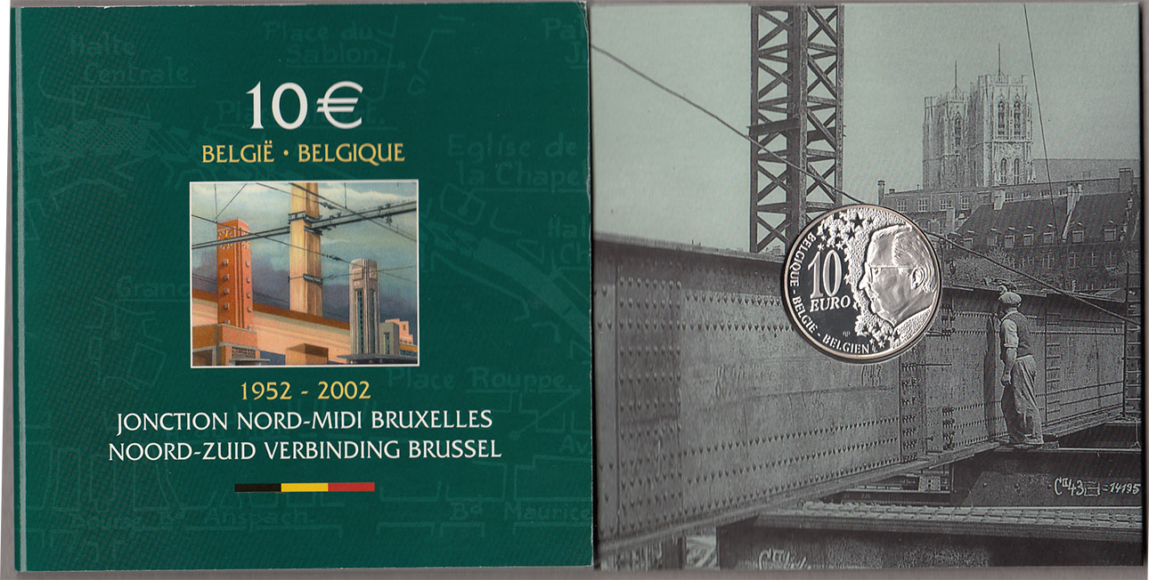 2002 - 10 euro BELGIO 50° Linea Nord-Sud proof