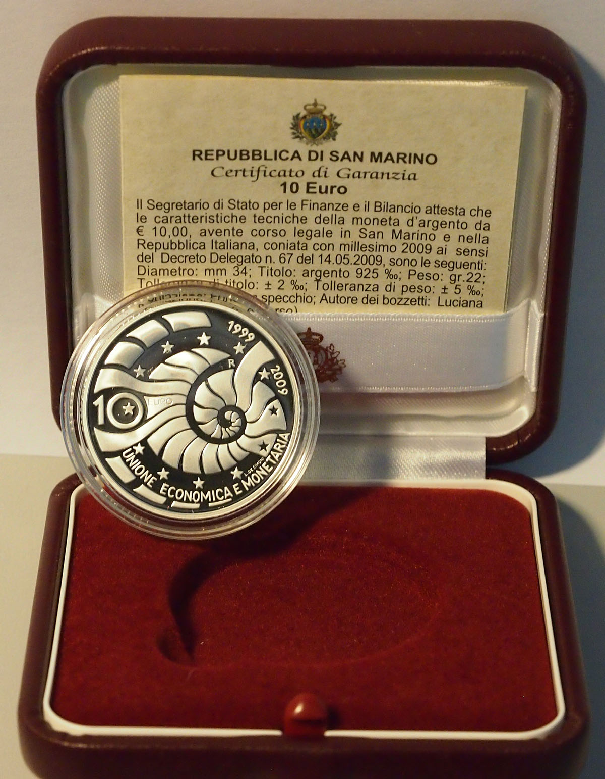 2009 - 10 Euro Argento Fondo Specchio Unione Economica e Monetaria San Marino