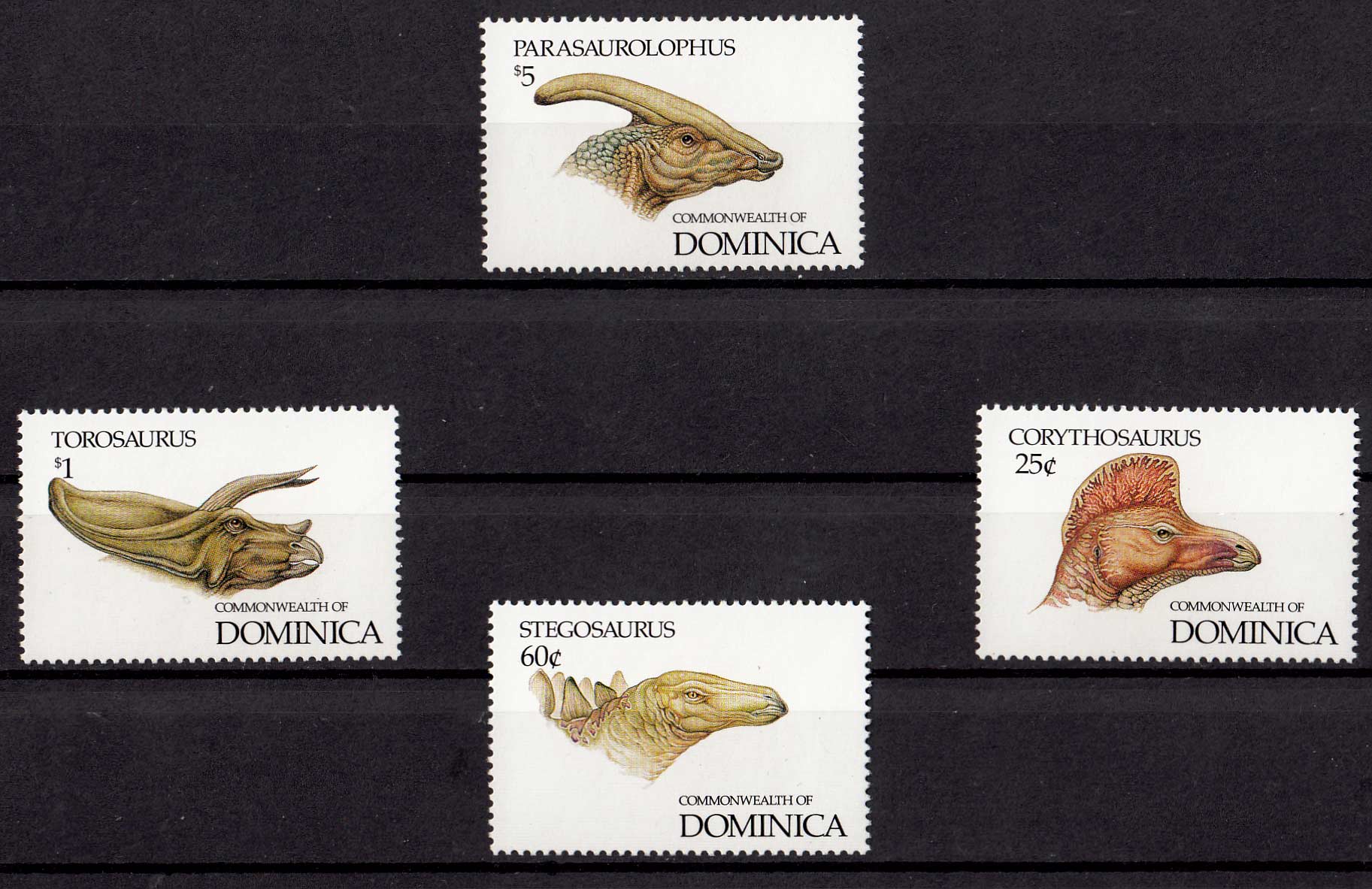 DOMINICA francobolli sui dinosauri serie completa nuova Yvert e Tellier 1449/52