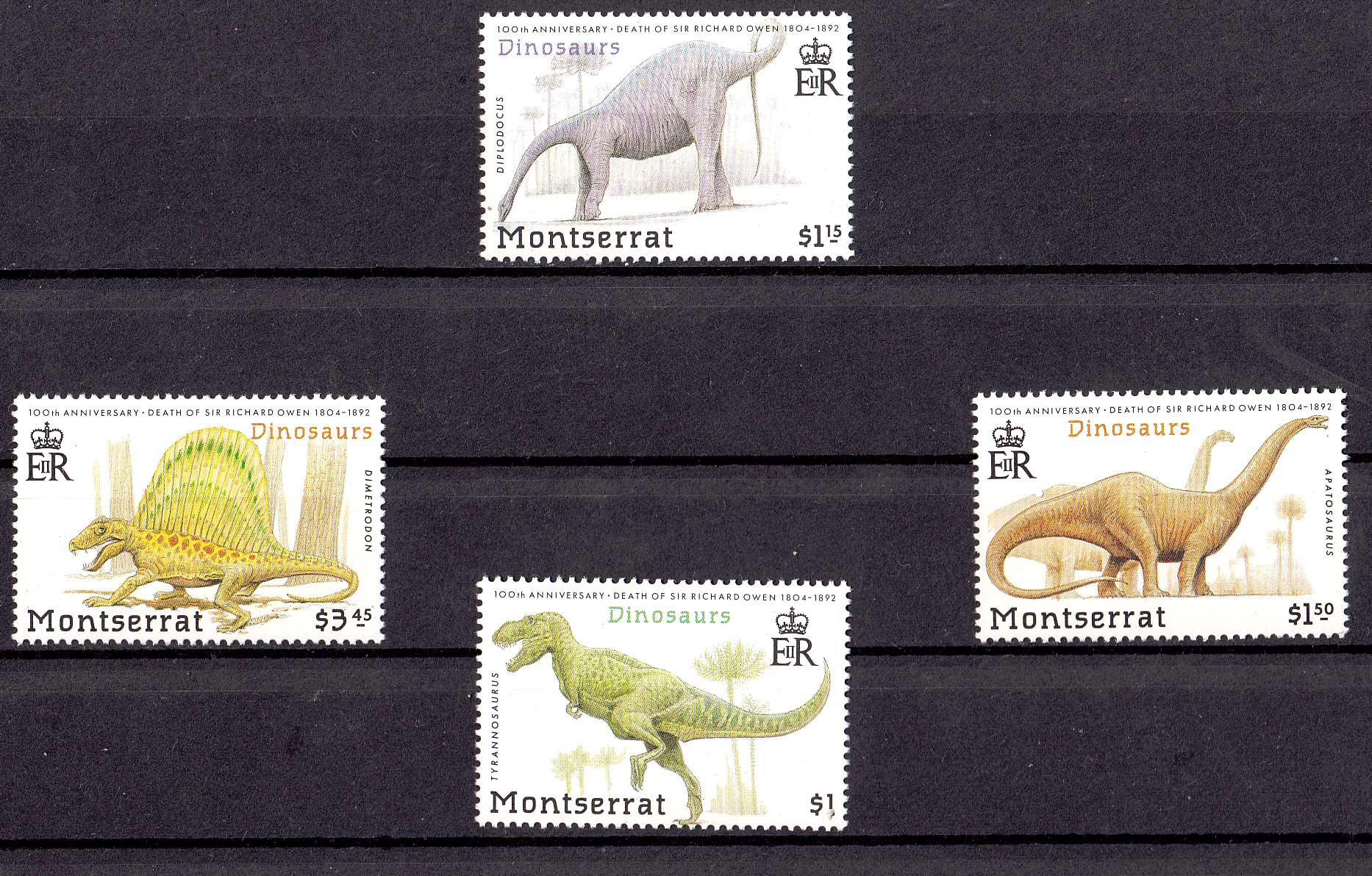 MONTSERRAT francobolli sui dinosauri serie completa nuova Yvert e Tellier 780/3