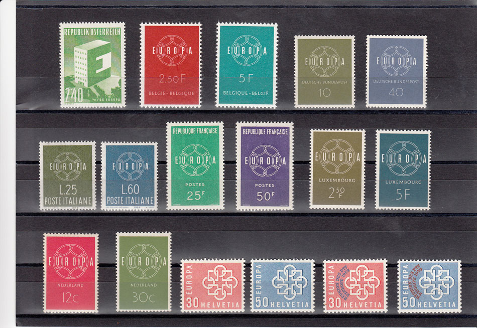 1959 annata completa Europa CEPT Integri 17 valori Qualità Lusso comprende  2 valori Svizzera soprastampati