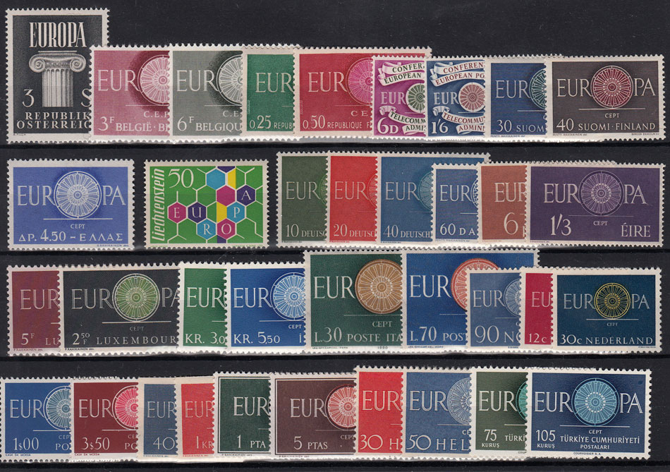 1960 annata completa Europa CEPT Integri 36 valori Qualità Lusso comprende Liechtenstein